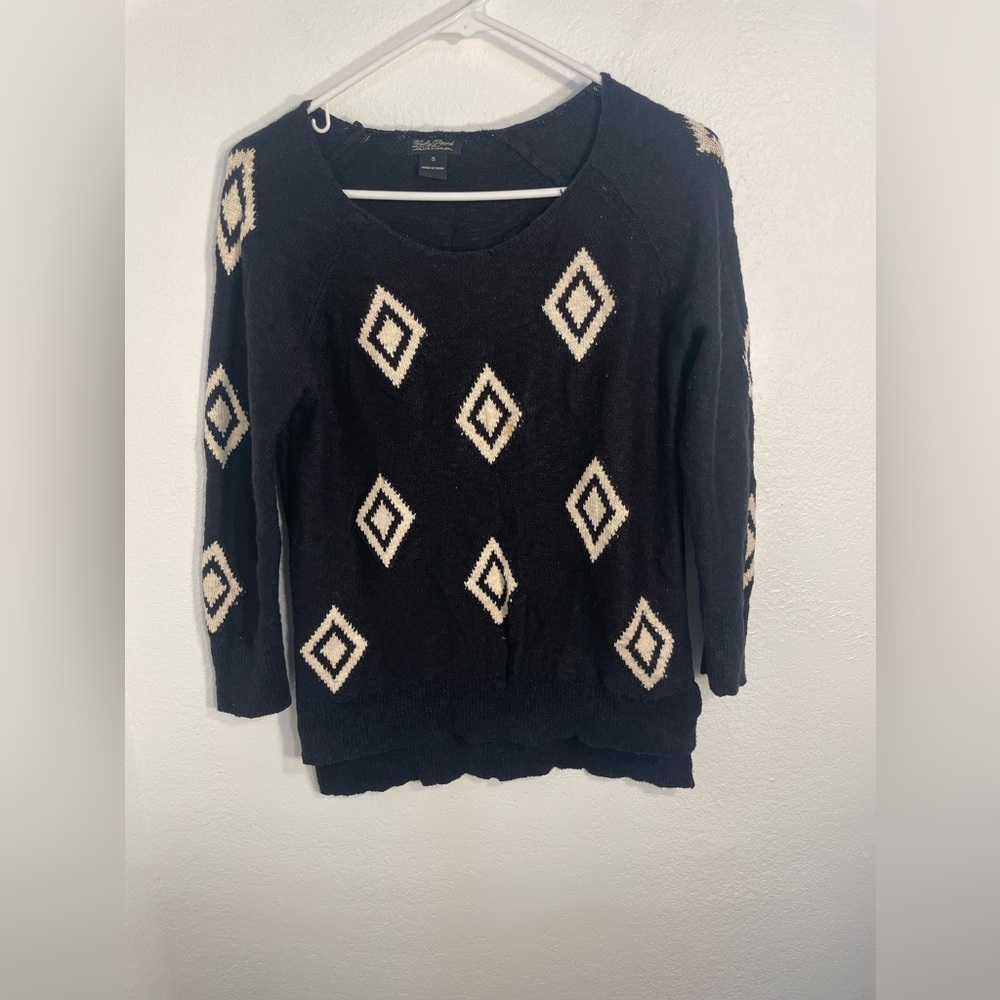 Lucky Brand Black Sweater with Cream Diamond Patterns, size S